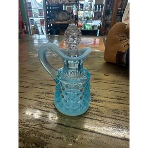 Vtg  Fenton Blue Opalescent Hobnail Glass Cruet with Stopper, 4.5" Tall